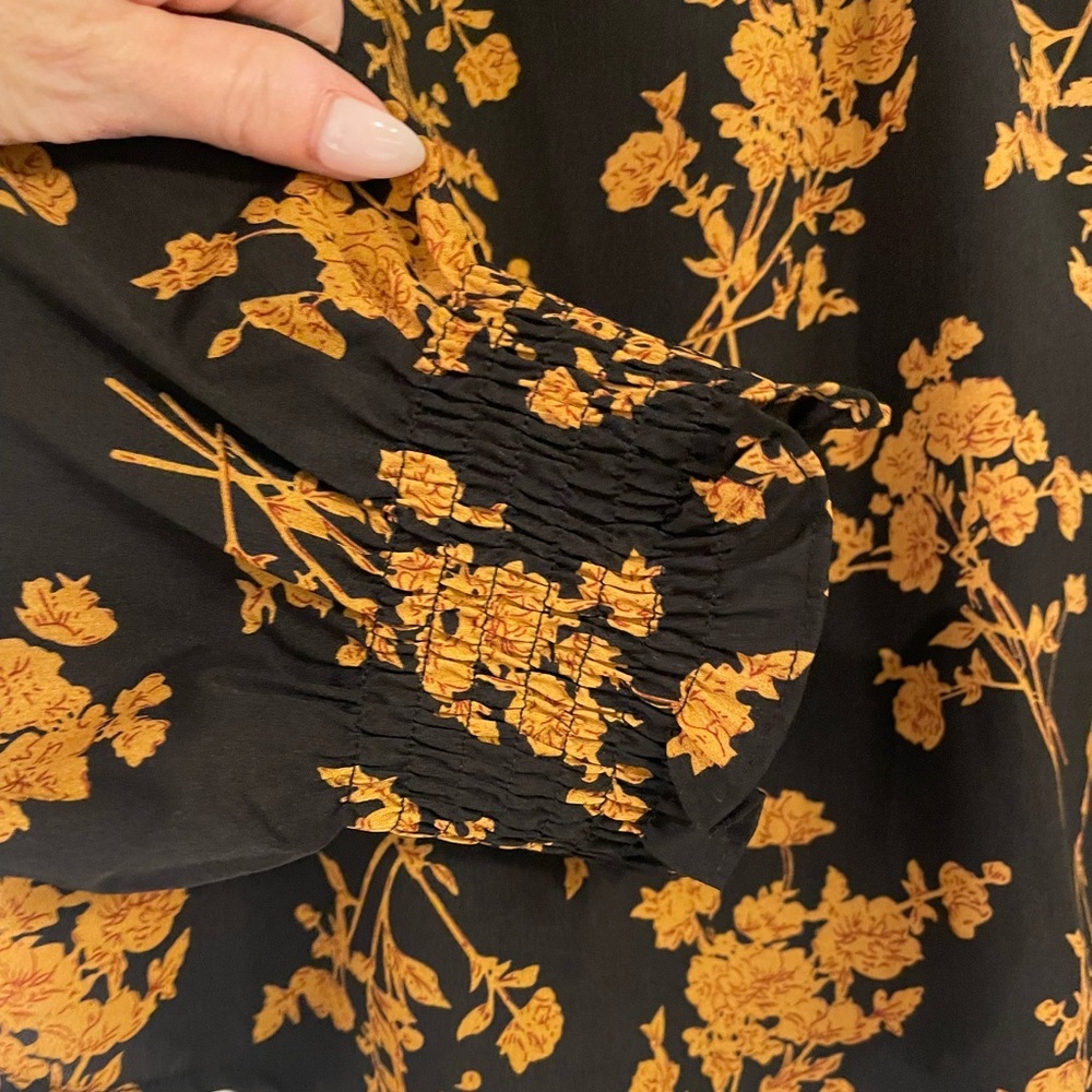 THML Floral Black and Mustard Smocked Mock Neck Women's Blouse, Medium - Picture 3 of 7